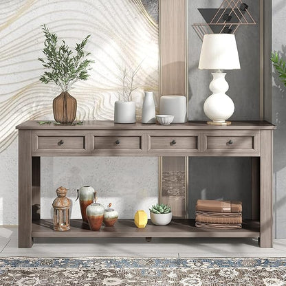LKTART Solid Wood Console Table,Long Sofa Table Entryway Table with 4 Drawers and Bottom Shelf for Hallway Living Room Couch Table,Easy Assembled (63" Gray Wash)