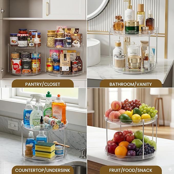 2 Set 2 Tier Non-Skid Acrylic Lazy Susan Organizer - Rotating Spice Rack - Turntable Spinning Organization for Kitchen, Pantry, Countertop, Closet, Bathroom, Vanity, Medicine Cabinet Organizing, 11''