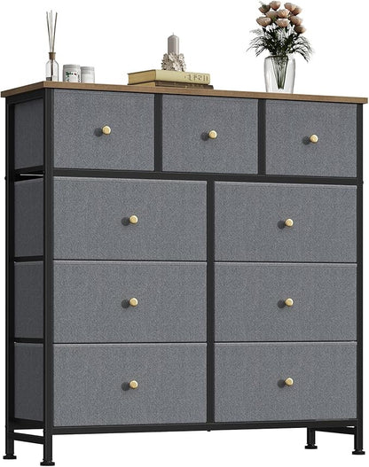 OLIXIS 9 Drawer Storage Dresser with Wood Top - Wide Fabric Chest Organizer for Bedroom, Closet, Living Room,Tower Cabinet, TV Stand, Hallway Entryway Furniture,Gray Blue