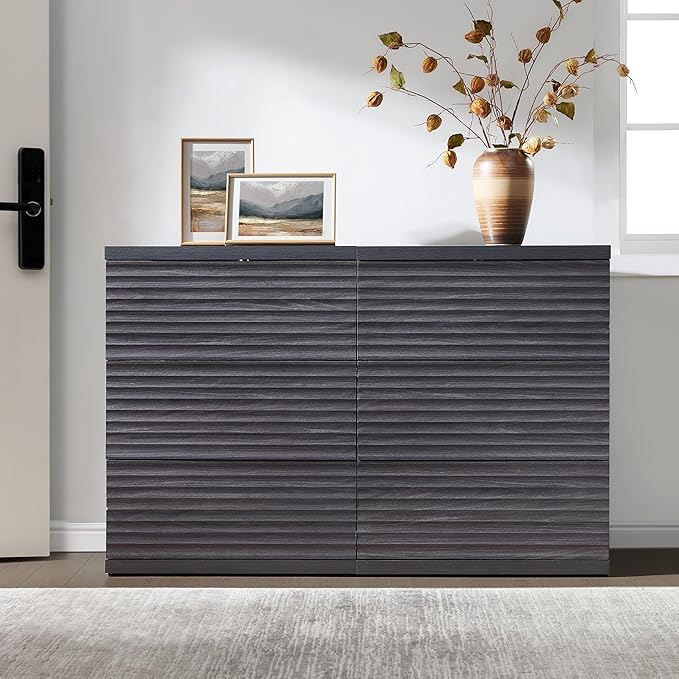SICOTAS Buffet Cabinet with Storage, Modern Accent Sideboard Credenza with 3 Larger Drawers, Fluted Media Console Mid Century Coffee Bar Table for Living Room Kitchen, Dark Grey Alder (4 PCS)
