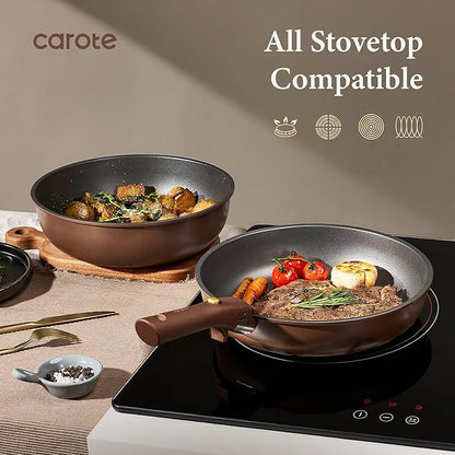 CAROTE 21pcs Pots and Pans Set, Nonstick Cookware Set Detachable Handle, Induction Kitchen Cookware Sets Non Stick with Removable Handle, RV Cookware Set, Oven Safe, Brown