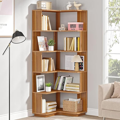 Tribesigns 6 Tier Corner Bookshelf, 64.9 Inches Tall Industrial L Shaped Bookcase with Anti-Drop Panel, Freestanding Wood Grain Shelf Display Rack Storage Organizer for Home Office