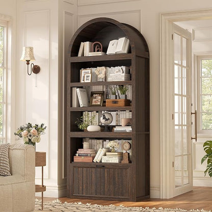 81" Tall Arched Cabinets,Bookcase with Drawer storage,Mid-Century Modern 5-Tier Bookshelf,2 Book Risers and Adjustable Shelves offering more storage space for Living Room,Kitchen,Home Office,Walnut