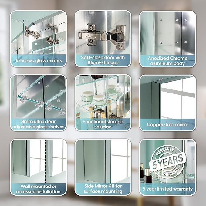 WELLFOR 36" x 36" Bathroom Medicine Cabinet with Mirror, Anodized Chrome Aluminum Frame, Surface Mount or Recessed Medicine Cabinet with Mirror, Bathroom Mirror with Storage, Double Doors
