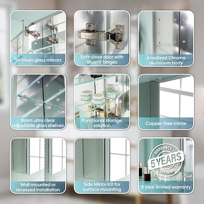 WELLFOR 36" x 36" Bathroom Medicine Cabinet with Mirror, Anodized Chrome Aluminum Frame, Surface Mount or Recessed Medicine Cabinet with Mirror, Bathroom Mirror with Storage, Double Doors