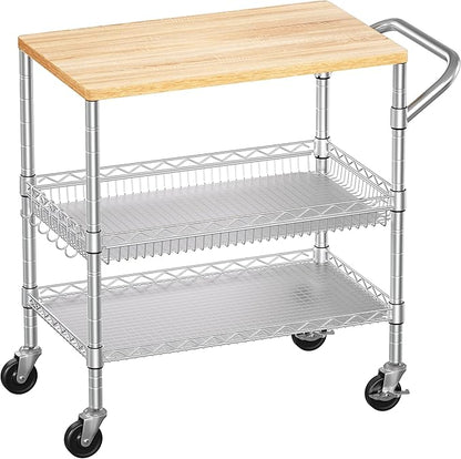 WDT 3 Tier Rolling Kitchen Carts with Wheels, Heavy Duty Rolling Utility Cart with Wood Tabletop, Commercial Grade Metal Cart with Handle and Hooks, NSF Storage Serving Island Carts, Light Wood+Metal