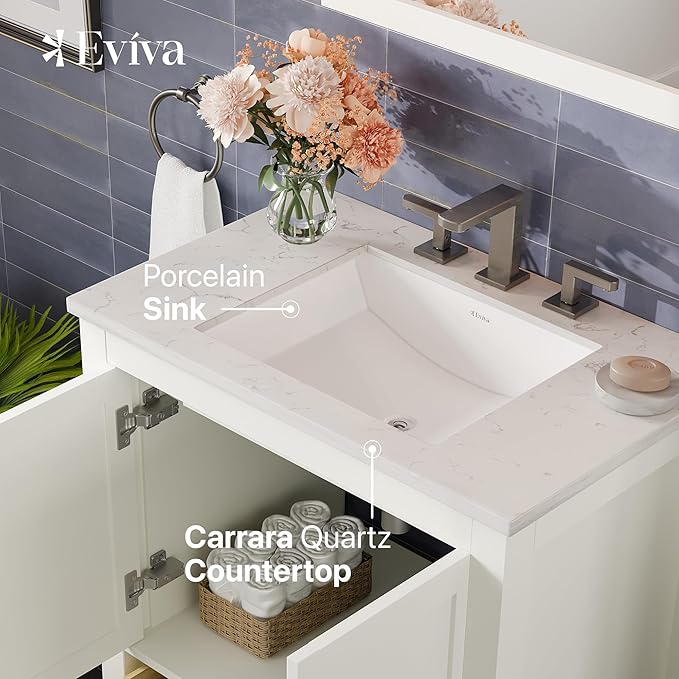 Eviva Aberdeen 30 in. White Single Sink Bath Vanity with Carrara Quartz Top and Undermount Porcelain Sink