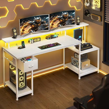 55 Inch Computer Desk with Monitor Shelf&LED Lights,Home Office Desk with Power Outlet&Printer Storage Shelves,Gaming Desk with Drawer,White Study Table for Bedroom Home Office