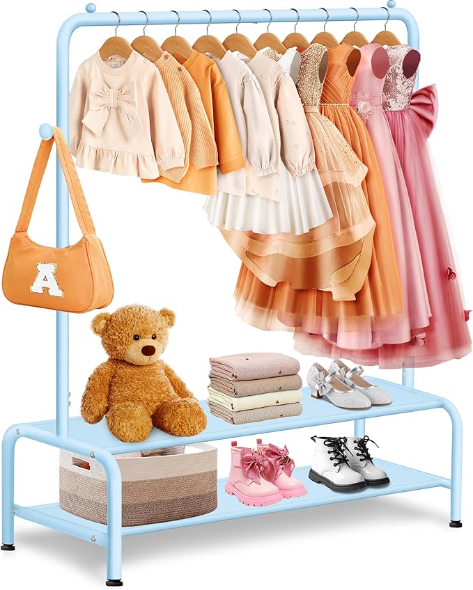 Kids Clothing Rack - Dress Up Clothes Storage Racks - Modern Wardrobe - Small Kids Costume Wardrobe Rack with 2 Fabric Floors Storage Shelf -Blue Dresser for Kids Bedroom