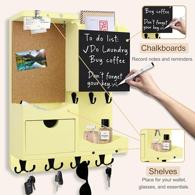 Key Holder Wall Mount， Mail Organizer Key Holder for Wall with Shelf, Drawer, Chalkboard, Corkboard, Home Decor Wall Mounted for Room Entryway (Ivory Yellow)