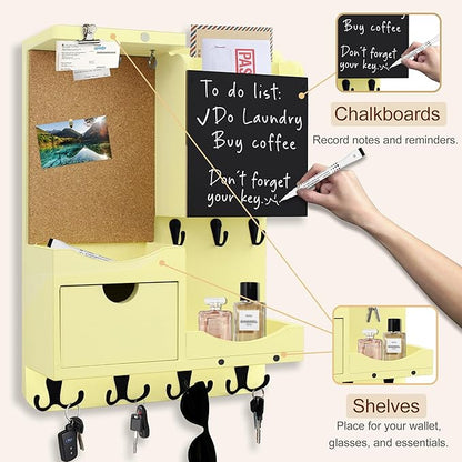 Key Holder Wall Mount， Mail Organizer Key Holder for Wall with Shelf, Drawer, Chalkboard, Corkboard, Home Decor Wall Mounted for Room Entryway (Ivory Yellow)