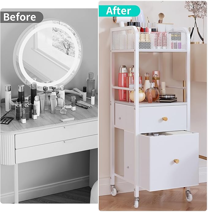 HapiRm Rolling Makeup Cart Organizer - Floor Skincare Make Up Storage with 2 Non-woven Fabric Drawers, Vanity Organizer Cosmetic Display Cases Holder for Skin Care Perfume Nail Polish Brush Hair Tool
