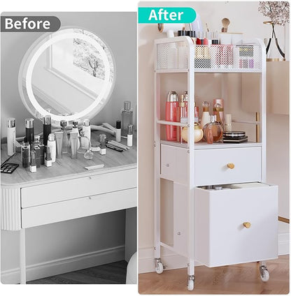 HapiRm Rolling Makeup Cart Organizer - Floor Skincare Make Up Storage with 2 Non-woven Fabric Drawers, Vanity Organizer Cosmetic Display Cases Holder for Skin Care Perfume Nail Polish Brush Hair Tool