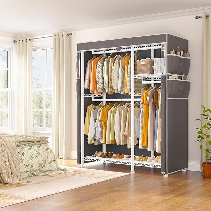 Raybee Clothes Rack with Cover Clothing Racks for Hanging Clothes Heavy Duty Portable Closet with Wheels，Rolling Garment Rack for Bedroom,White
