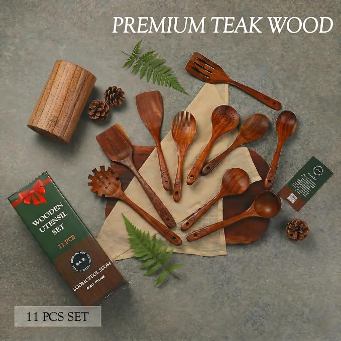 SOOMGYEOL SEOM 11-Piece Teak Wood Cooking Utensil Set with Holder | Wooden Spoons and Spatulas, Kitchen Countertop Organizer, Nonstick Safe Tools