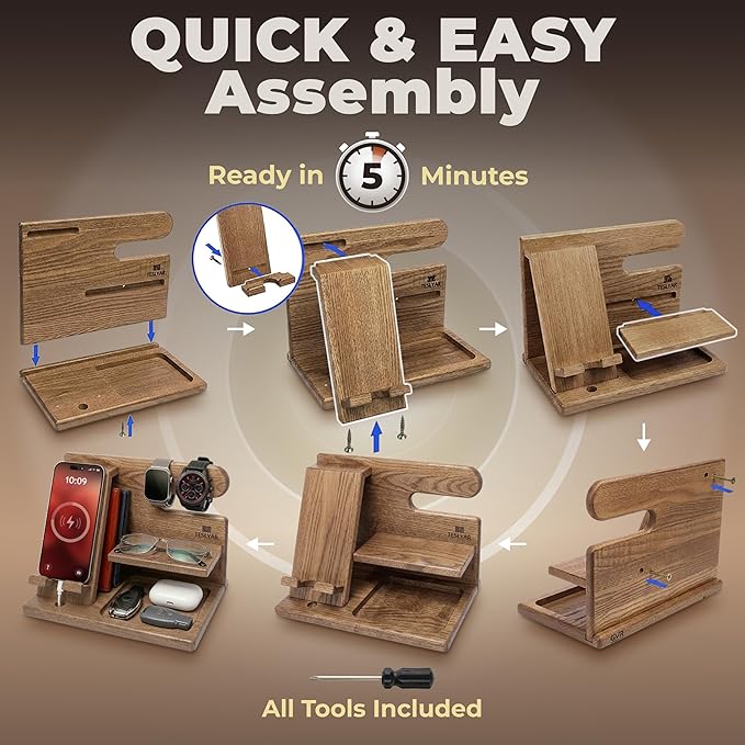 TESLYAR Wood Phone Docking Station for Men - Desktop or Nightstand Organizer - Birthday Gifts for Men, Dad - Anniversary Idea from Wife - Key Holder, Stand Wallet, Watch & Essentials (Earth Beige)