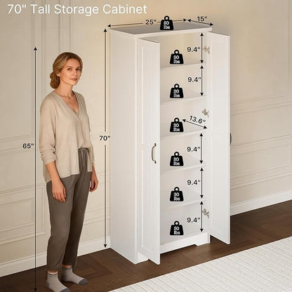 70" Tall Storage Cabinet, Large Wood Storage Pantry Cabinet with 6 Adjustable Shelves & 2 Doors, Standing Utility Storage Cabinets for Kitchen, Bathroom, Dining Room (Soft White)