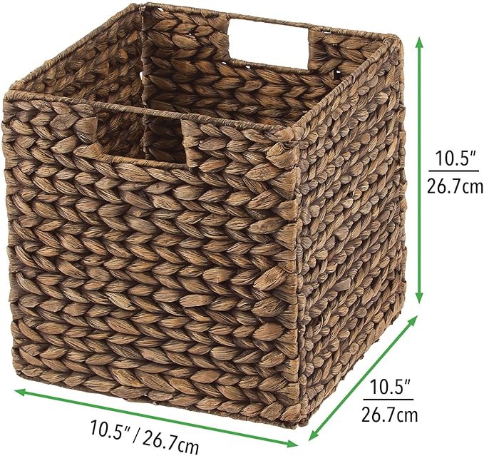 mDesign Natural Woven Hyacinth Cube Organizer Basket with Handles, Storage for Bathroom, Laundry Room Shelf or Nursery - Perfect for Cubby Storage Units - Hold Blankets and Books - 2 Pack, Brown Wash
