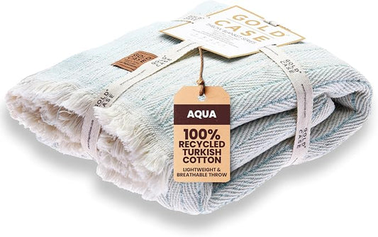 Gold Case Throw Blanket for Couch - 100% Recycled Turkish Cotton Blankets & Throws - Vintage Soft Throw Blankets for Living Room - Boho Decorative Woven Couch Blanket - 60x80 - Aqua