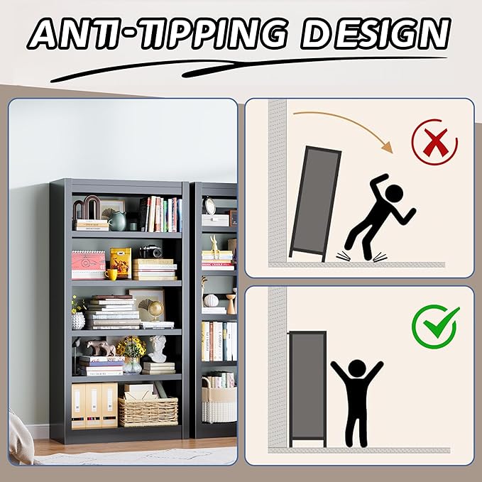 5-Tier Metal Bookshelf, 61" Tall Black Bookcase with Adjustable Shelves, Heavy Duty Deep Book Shelves, Display Storage Shelving for Living Room, Home Office, Library, Bedroom