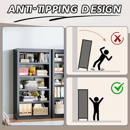 5-Tier Metal Bookshelf, 61" Tall Black Bookcase with Adjustable Shelves, Heavy Duty Deep Book Shelves, Display Storage Shelving for Living Room, Home Office, Library, Bedroom