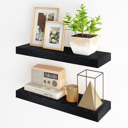 Fun Memories Floating Shelves for Wall, 24Inch Floating Shelves Set of 2, Hanging Shelf with Invisible Brackets, Wood Shelves for Living Room, Bedroom, Kitchen, Black