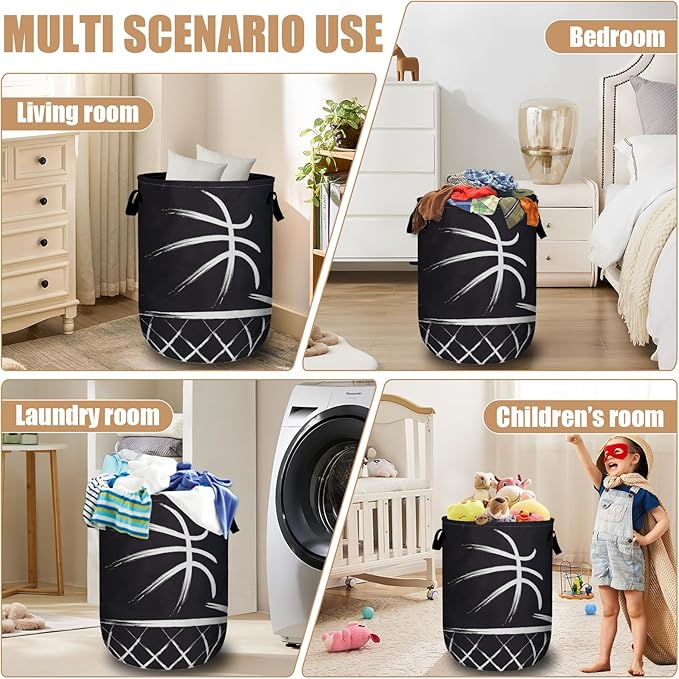 Black Basketball Laundry Basket, Foldable Sport Ball Theme Laundry Hamper Tote Bag Dirty Clothes Storage Bucket Toy Organizer for Bathroom/Laundry/Bedroom 15.7"x19.6"