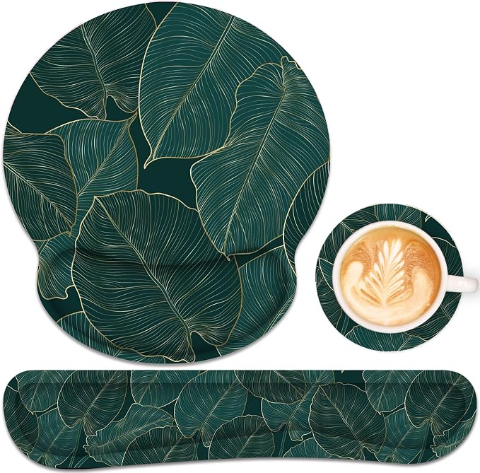 Ergonomic Mouse Pad with Wrist Rest and Keyboard Wrist Rest, Mousepad and Wrist Rest for Computer Keyboard, Pain Relief, Non-Slip Base, Mouse Pad Wrist Support for Gaming, Office, Green Palm Leaf