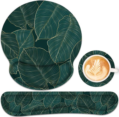 Ergonomic Mouse Pad with Wrist Rest and Keyboard Wrist Rest, Mousepad and Wrist Rest for Computer Keyboard, Pain Relief, Non-Slip Base, Mouse Pad Wrist Support for Gaming, Office, Green Palm Leaf