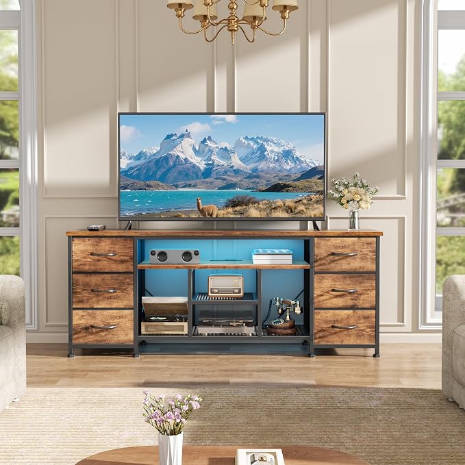 Furologee LED TV Stand for 55, 60 Inch TV, 55 Inch Entertainment Center with Power Outlets, 6 Drawers for Media Console with Open Shelves, Rustic Brown