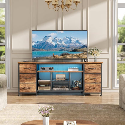 Furologee LED TV Stand for 55, 60 Inch TV, 55 Inch Entertainment Center with Power Outlets, 6 Drawers for Media Console with Open Shelves, Rustic Brown