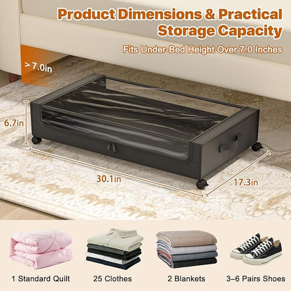 Under Bed Storage with Wheels,Under Bed Storage Containers with Clear Lids, Under-Bed Organizers for Clothes, Shoes – Durable Storage Bins with Smooth Rolling Wheels (Black, 4 Pack)