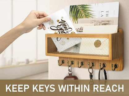 Rebee Vision Farmhouse Key and Mail Holder for Wall with Mesh Mail Basket : Decorative Mail Organizer Wall Mount with 6 Retro Key Hooks - Rustic Home Decor for Entryway (Light Brown)