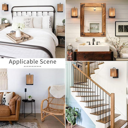 Boho Rattan Wall Sconces Set of Two, Farmhouse Wall Light Fixtures Lighting with Hand Woven Hemp Rope Shade Bedside Wicker Wall Lamp, Wall Mount Light Fixture for Bedroom Living Room Bathroom Stairway