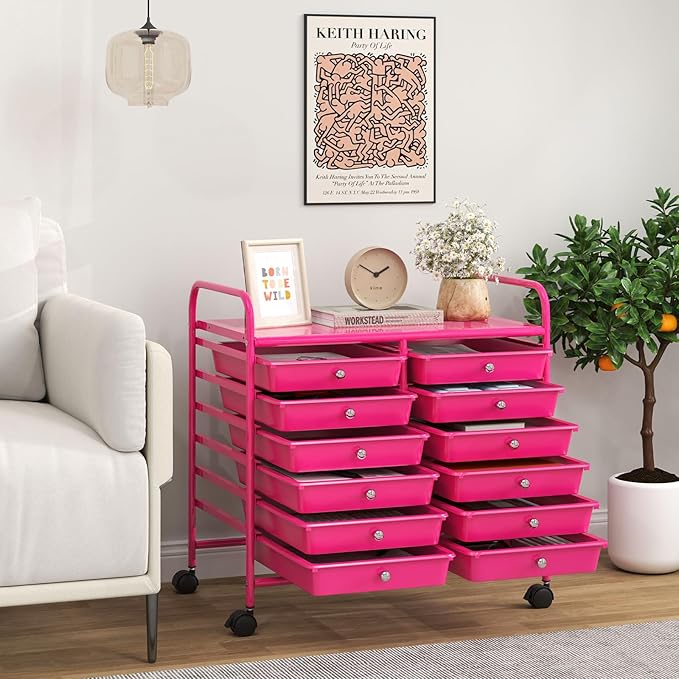 Giantex 12 Drawers Rolling Cart, Mobile Storage Drawer Cart, Classroom Organizer Cart for Office School Supplies Tools Scrapbook Paper Craft Small Printer, Utility Cart on Wheels, Hot Pink