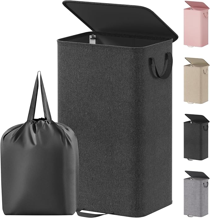 Lifewit Laundry Hamper with Lid and Removable Laundry Bag, Large Collapsible 1 Divider Dirty Clothes Basket with Handles for Bedroom, Laundry Room, Closet, Bathroom, College, 100L Black
