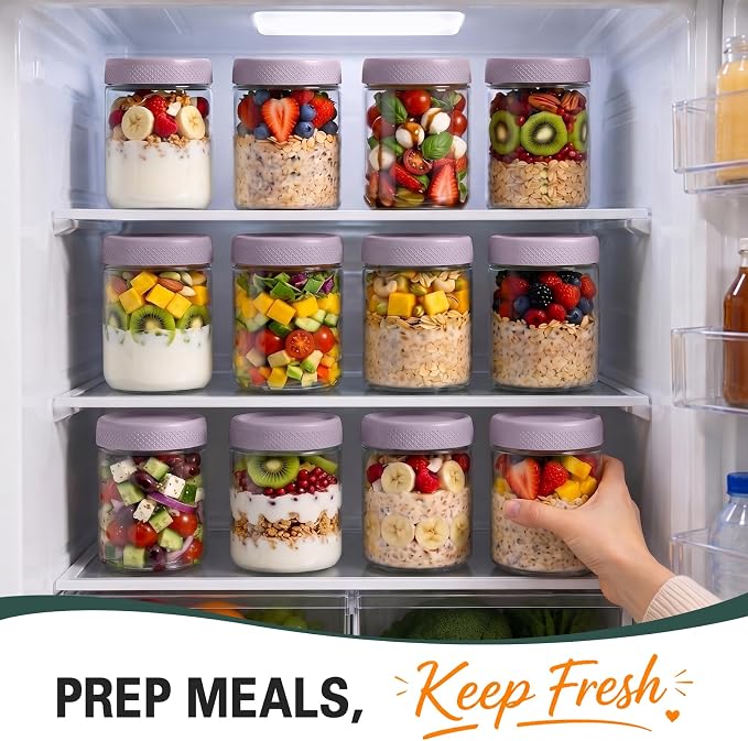 16 oz Overnight Oats Containers with Lids, 6 Pack Wide Mouth Mason Jar with Lid, Yogurt Containers with Lids for Kitchen, Glass Jars for Storage, Pudding, Chia, Prep, Snack, Sugar, (Purple)