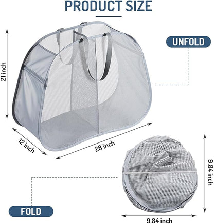 Seiritex Mesh Popup Laundry Hamper 2 Compartment, Collapsible Laundry Sorter Basket Foldable Hamper for Clothes, College Dorm, Travel (Gray)