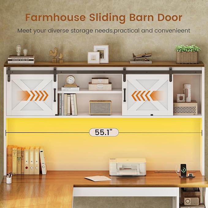 SEDETA 67" Farmhouse L Shaped Desk with Hutch, Home Office Desks with Drawers & Sliding Doors, Corner Computer Desk with Storage Shelves & Power Outlets, Executive Desk with LED Lights, White
