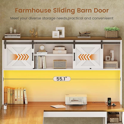 SEDETA 67" Farmhouse L Shaped Desk with Hutch, Home Office Desks with Drawers & Sliding Doors, Corner Computer Desk with Storage Shelves & Power Outlets, Executive Desk with LED Lights, White