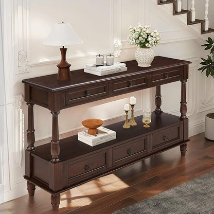 LKTART 54'' Solid Wood Console Table, Farmhouse Entryway Table with 6 Drawers and Shelf, Narrow Long Sofa Table with Storage for Living Room Hallway, Couch, Foyer (Espresso)