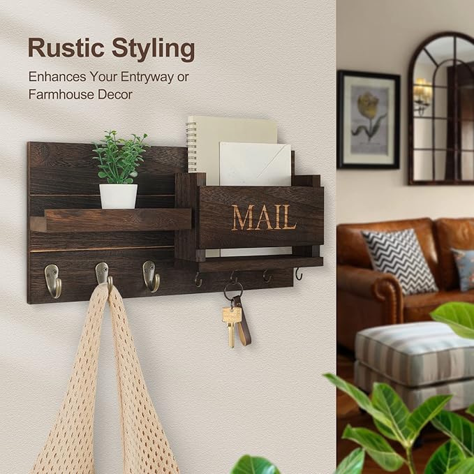 Mail Organizer for Wall Mount – Key Holder with Shelf Includes Letter Holder and Hooks for Hallway Farmhouse Decor – Rustic Wood with Flush Mounting Hardware (16.5” x 9.1” x 3.4”) (Brown)