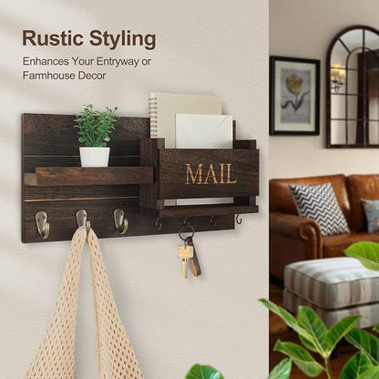 Mail Organizer for Wall Mount – Key Holder with Shelf Includes Letter Holder and Hooks for Hallway Farmhouse Decor – Rustic Wood with Flush Mounting Hardware (16.5” x 9.1” x 3.4”) (Brown)