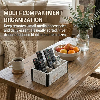 MyGift Rustic Whitewashed Wood 5-Compartment Remote Control and Media Storage Organizer with Black Metal Corner Trim
