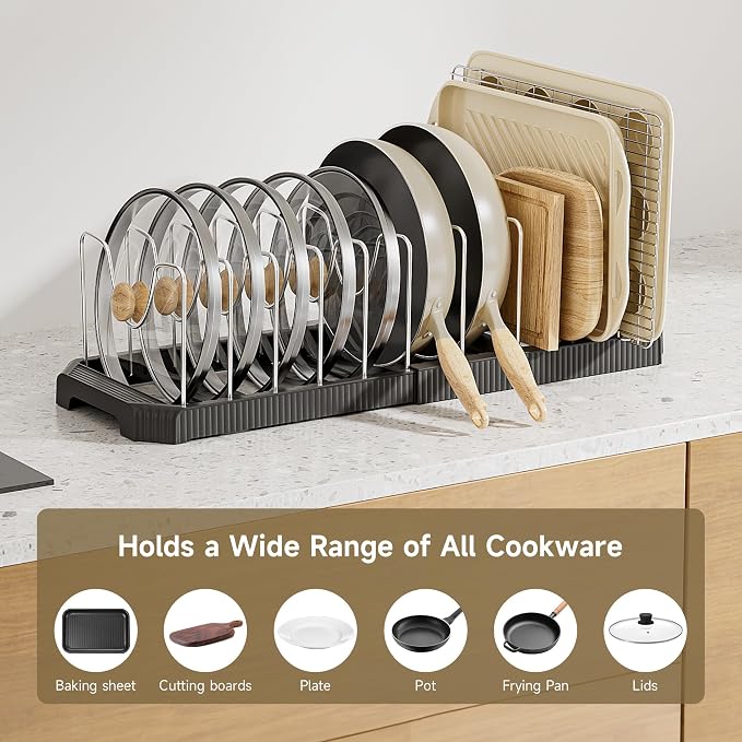 MUDEELA Pots and Pans Organizer under Cabinet, Expandable Rack with Pot Lid Holder and 12 Adjustable Dividers, Pan Organizers inside Cabinet for Kitchen Organization, Cutting Boards, Baking Sheets