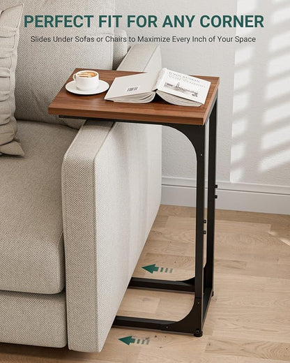 C-Shaped Side Table for Couch - Small Coffee Stand Sofa Tray Desk with Metal Frame and Waterproof Scratch Resistant, Modern End Accent for Living Room, Bedroom, Set of 2, Rustic Walnut