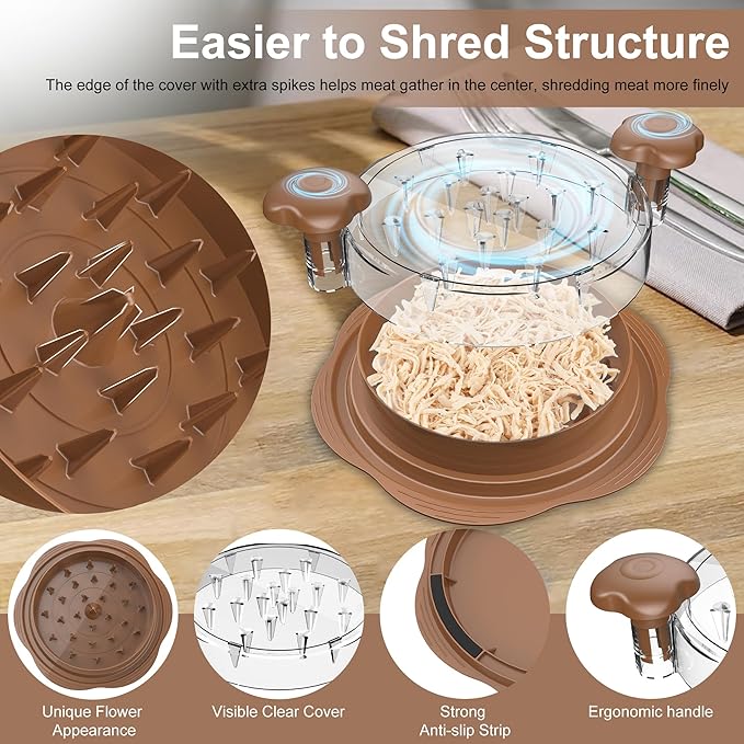 Chicken Shredder Tool Twist Large Chicken Breast Shredder with Brush&Fork, Visible Meat Shredder Machine, Strong Anti-Slip Strip, Ergonomic Handle, BPA Free, Suitable for Pork Beef Chicken(Brown)