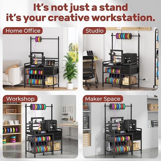 3D Printer Stand with Filament Storage – Tall 66" Heavy Duty Metal 3D Printer Table with Power Hub, Drawer & X-Bracket Stability for Workshop, Studio, Office