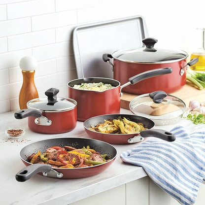 Farberware Cookstart DiamondMax Nonstick Cookware/Pots and Pans Set, Dishwasher Safe, Includes Baking Pan and Cooking Tools, 15 Piece - Red