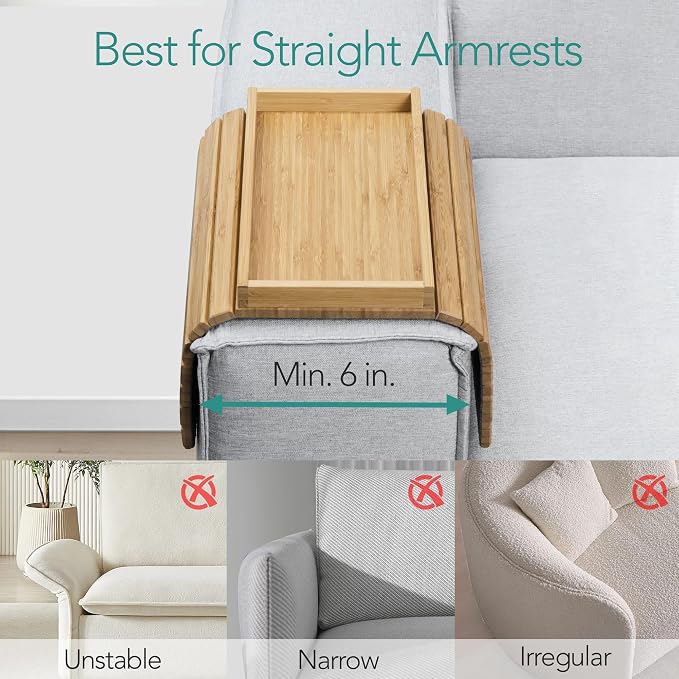 DETOR Couch Tray with Spacious 12.4" x 5.4" Storage Box, Natrual Bamboo Finish, Enhanced Non-Slip Felt Bottom, Sturdy Bamboo Slats, Fits Armrests 6" and Wider